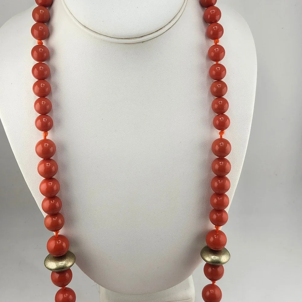 Talbots Coral Orange‎ Beaded Statement Necklace with Geometric Accents